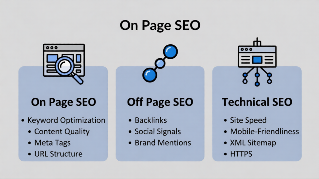 Types of SEO including on page off page and technical SEO