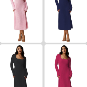 Shasmi Women’s Square Neck A-Line Dress – Long Sleeve, Tie Waist, Knitted Stretchable, Casual & Office Outfit, Solid Winter Midi Dress for Women