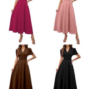 Shasmi Girl's & Women's Solid Color V-Neck A-Line Maxi Dress for Women | New Year Party Outfit | Waist Cinched Puff Sleeve Western | Elegant Casual Wear