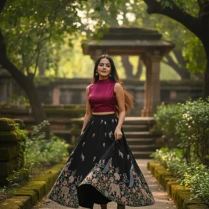 Women Printed Flared Black Skirt