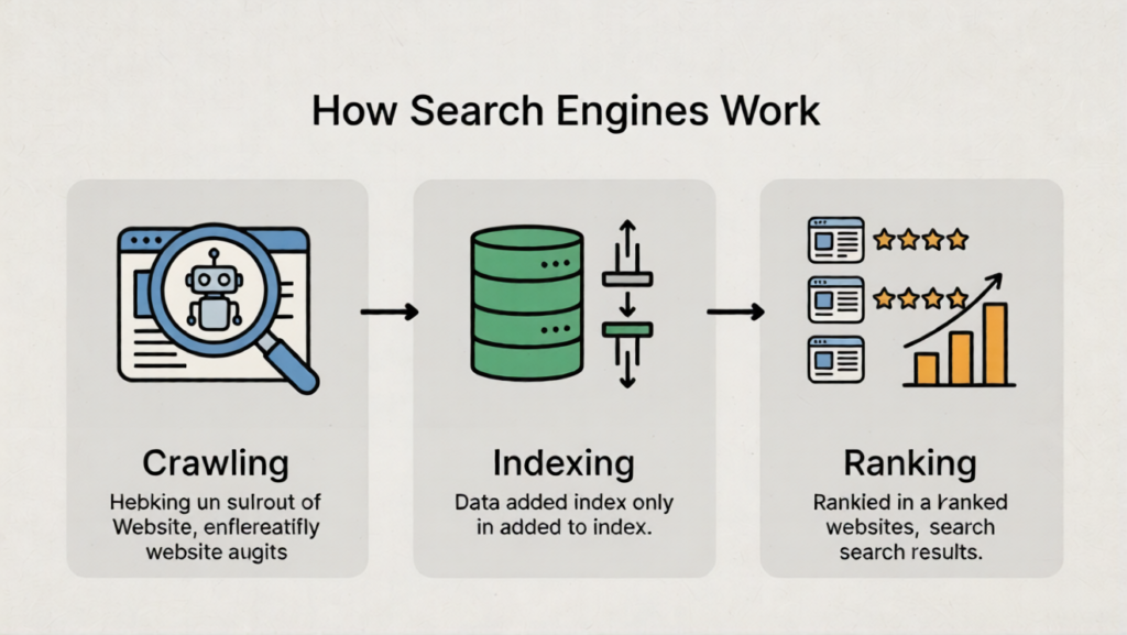 How search engines work showing crawling indexing and ranking process
