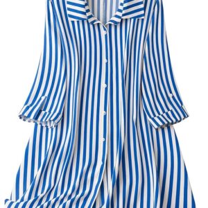 Sheetal Associates Women’s Vertical Striped Shirt Collar A-Line Midi Dress with Waist Belt | Casual, Office Wear|Elegant Striped Design|Shirt Collar with Button Detail